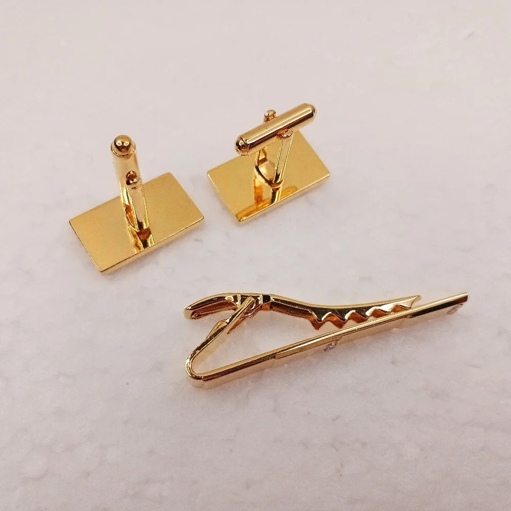 Tie Clip Bar, Cufflinks, Textured Gold Crystals Vintage Space Age Classic
